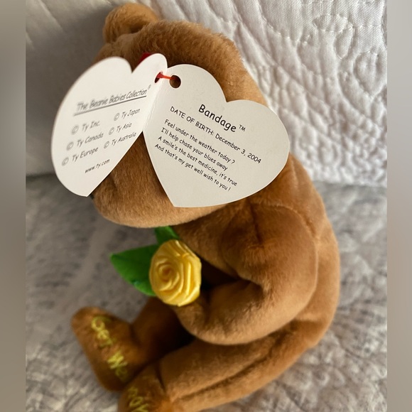 💛 RETIRED TY BEANIE BABY BEAR “BANDAGE”. RARE! DATED 2004! MWMT! APPROX 8”. - Picture 3 of 7